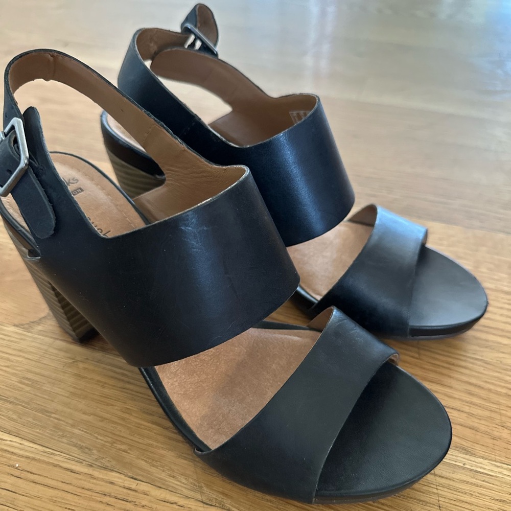 Clarks Shoes Womens 7.5 Black Banoy Verona Slingback Block Chunky Heel Leather
